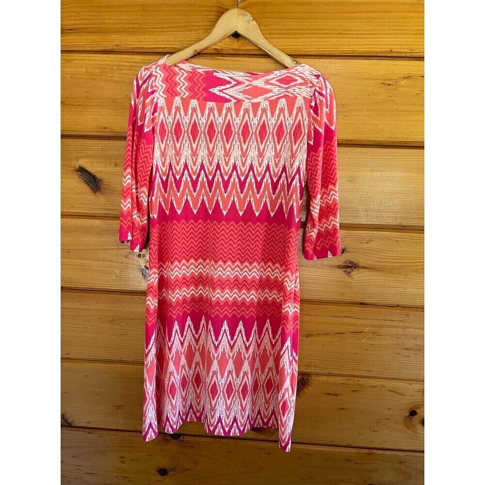 Donna Morgan Dress Womens Size 8 Orange Pink Chevron 3/4 Sleeve Sheath Boat Neck